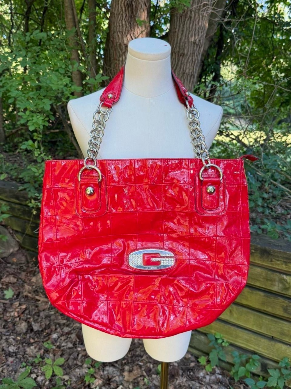 Red Patent Leather Chain-Handle Tote Bag